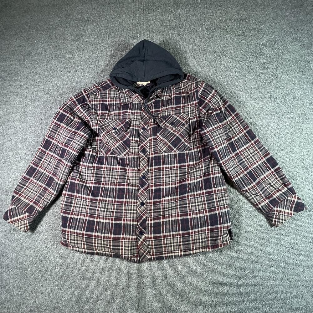Boston Traders Shirt Jacket Men's XL Brown Cotton Plaid Hooded Travel Button-Up